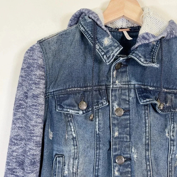Free People Mixed Media Distressed Denim Jacket  with Knit Sleeves - Picture 9 of 16